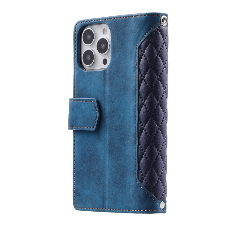 For iPhone 16 Pro Max Grid Texture Zipper Leather Phone Case with Lanyard(Blue) by buy2fix