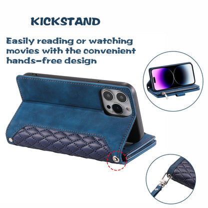 For iPhone 16 Pro Max Grid Texture Zipper Leather Phone Case with Lanyard(Blue) by buy2fix