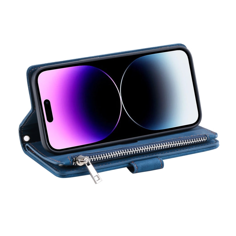 For iPhone 16 Pro Max Grid Texture Zipper Leather Phone Case with Lanyard(Blue) by buy2fix