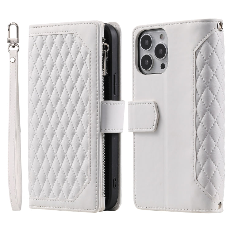 For iPhone 16 Pro Grid Texture Zipper Leather Phone Case with Lanyard(White) by buy2fix