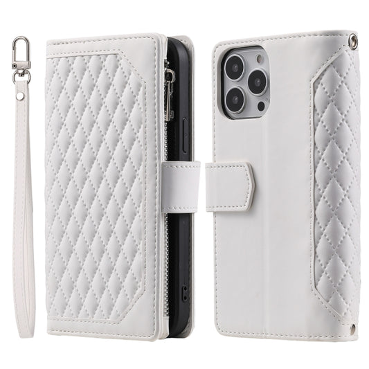For iPhone 16 Pro Grid Texture Zipper Leather Phone Case with Lanyard(White) by buy2fix