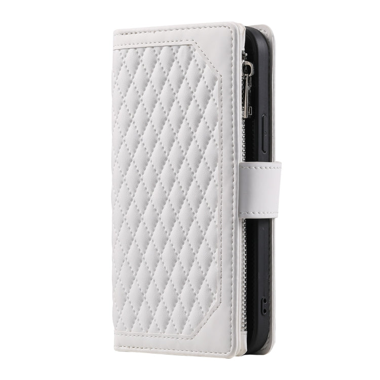 For iPhone 16 Pro Grid Texture Zipper Leather Phone Case with Lanyard(White) by buy2fix