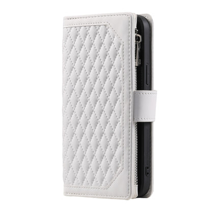 For iPhone 16 Pro Grid Texture Zipper Leather Phone Case with Lanyard(White) by buy2fix