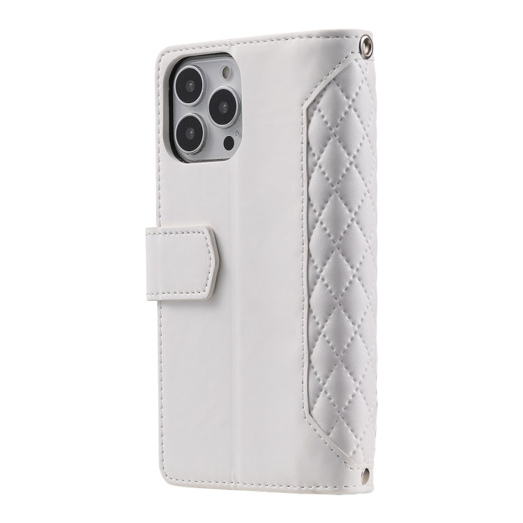 For iPhone 16 Pro Grid Texture Zipper Leather Phone Case with Lanyard(White) by buy2fix