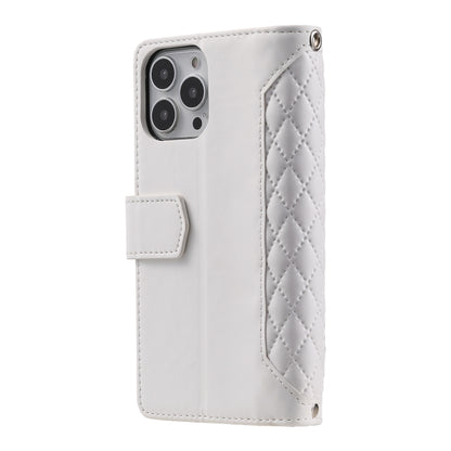 For iPhone 16 Pro Grid Texture Zipper Leather Phone Case with Lanyard(White) by buy2fix