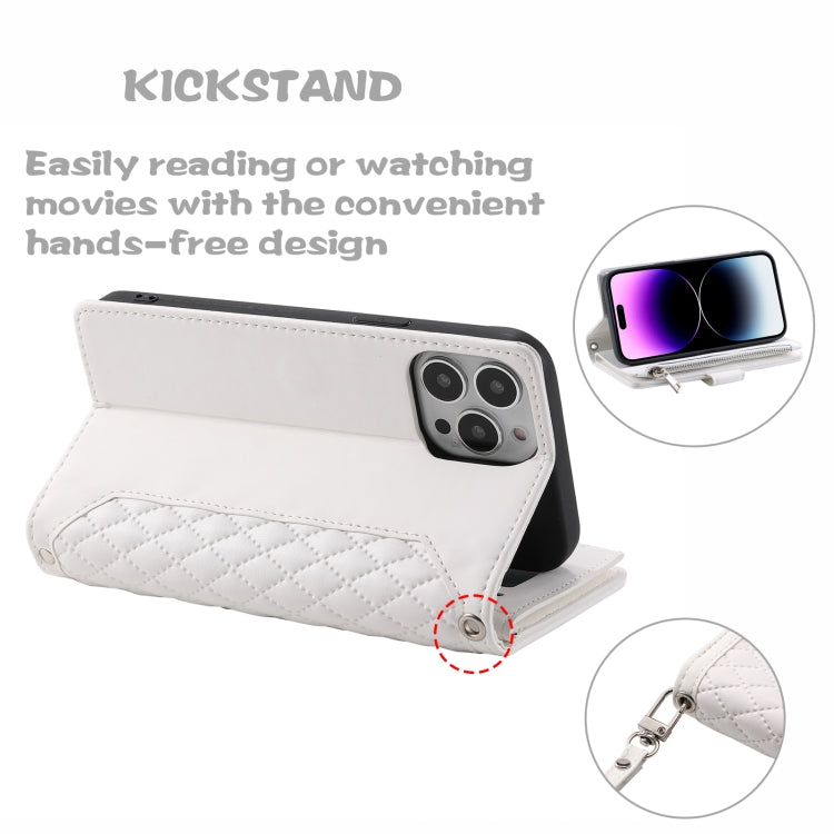 For iPhone 16 Pro Grid Texture Zipper Leather Phone Case with Lanyard(White) by buy2fix