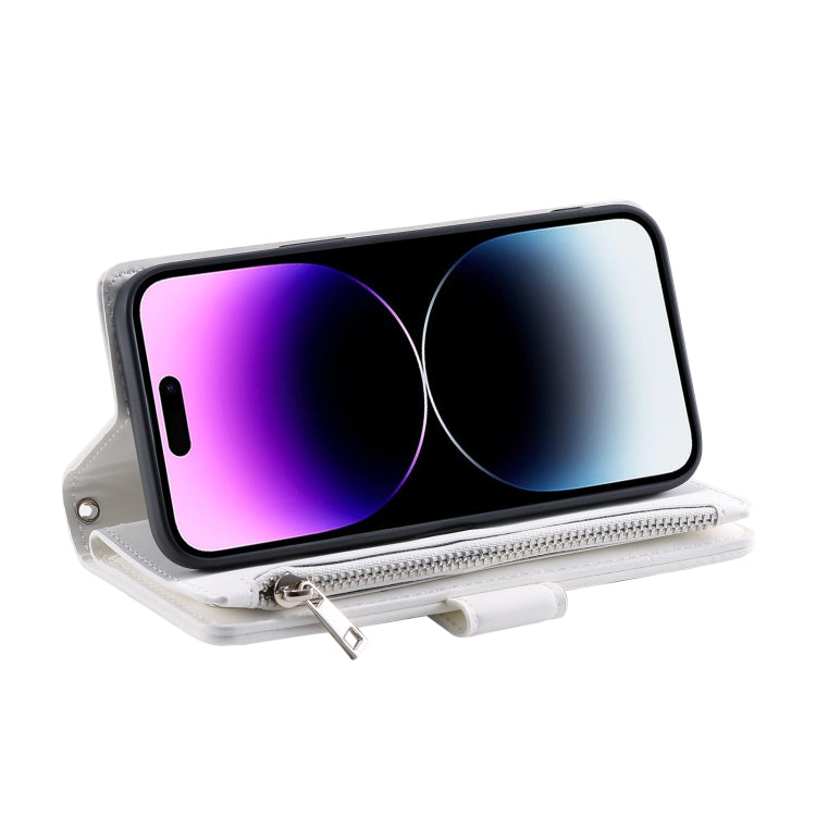 For iPhone 16 Pro Grid Texture Zipper Leather Phone Case with Lanyard(White) by buy2fix