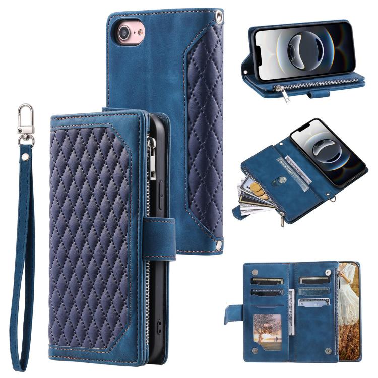 For iPhone 16e Grid Texture Zipper Leather Phone Case with Lanyard(Blue) - iPhone 16e Cases by buy2fix | Online Shopping UK | buy2fix
