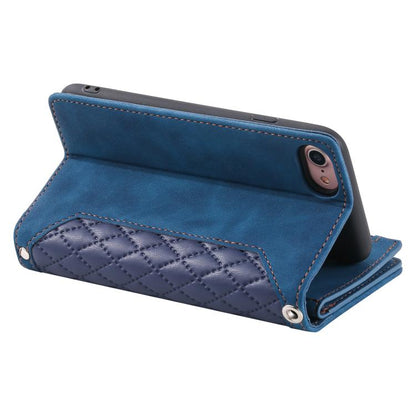For iPhone 16e Grid Texture Zipper Leather Phone Case with Lanyard(Blue) - iPhone 16e Cases by buy2fix | Online Shopping UK | buy2fix