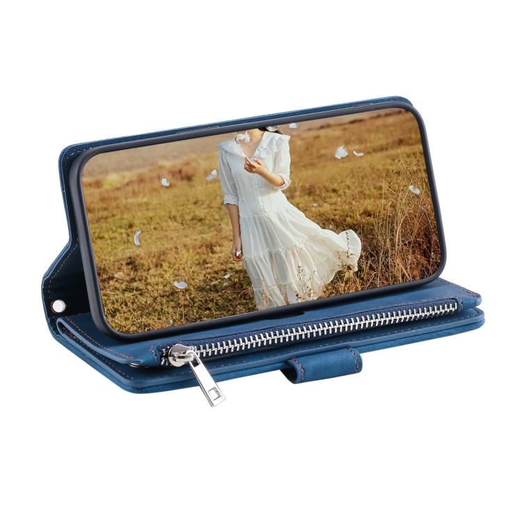 For iPhone 16e Grid Texture Zipper Leather Phone Case with Lanyard(Blue) - iPhone 16e Cases by buy2fix | Online Shopping UK | buy2fix