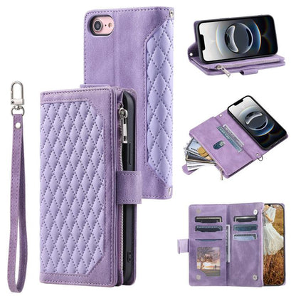 For iPhone 16e Grid Texture Zipper Leather Phone Case with Lanyard(Purple) - iPhone 16e Cases by buy2fix | Online Shopping UK | buy2fix