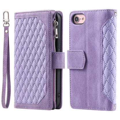 For iPhone 16e Grid Texture Zipper Leather Phone Case with Lanyard(Purple) - iPhone 16e Cases by buy2fix | Online Shopping UK | buy2fix