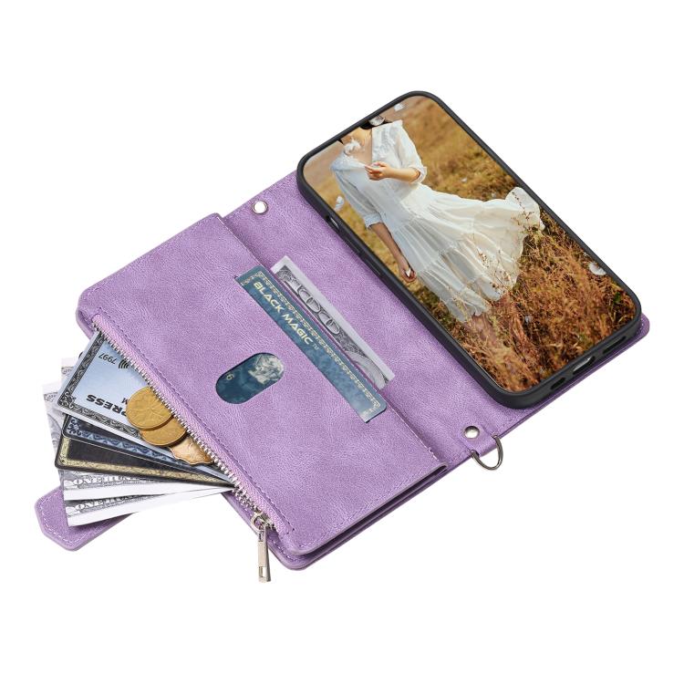 For iPhone 16e Grid Texture Zipper Leather Phone Case with Lanyard(Purple) - iPhone 16e Cases by buy2fix | Online Shopping UK | buy2fix