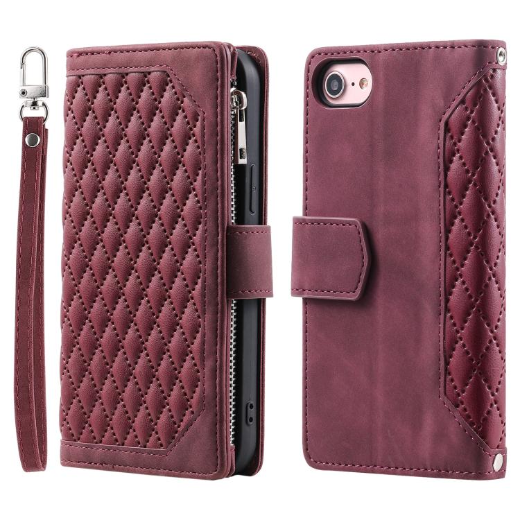 For iPhone 16e Grid Texture Zipper Leather Phone Case with Lanyard(Wine Red) - iPhone 16e Cases by buy2fix | Online Shopping UK | buy2fix