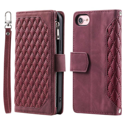 For iPhone 16e Grid Texture Zipper Leather Phone Case with Lanyard(Wine Red) - iPhone 16e Cases by buy2fix | Online Shopping UK | buy2fix