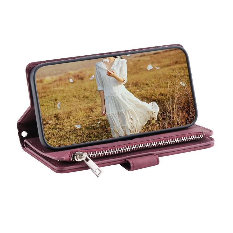 For iPhone 16e Grid Texture Zipper Leather Phone Case with Lanyard(Wine Red) - iPhone 16e Cases by buy2fix | Online Shopping UK | buy2fix