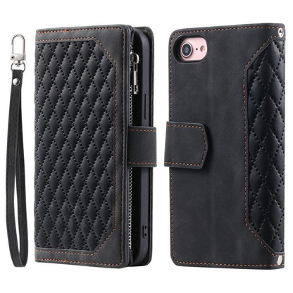 For iPhone 16e Grid Texture Zipper Leather Phone Case with Lanyard(Black) - iPhone 16e Cases by buy2fix | Online Shopping UK | buy2fix