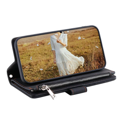 For iPhone 16e Grid Texture Zipper Leather Phone Case with Lanyard(Black) - iPhone 16e Cases by buy2fix | Online Shopping UK | buy2fix