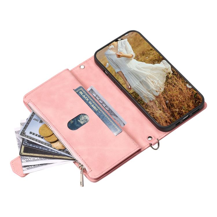 For iPhone 16e Grid Texture Zipper Leather Phone Case with Lanyard(Rose Gold) - iPhone 16e Cases by buy2fix | Online Shopping UK | buy2fix