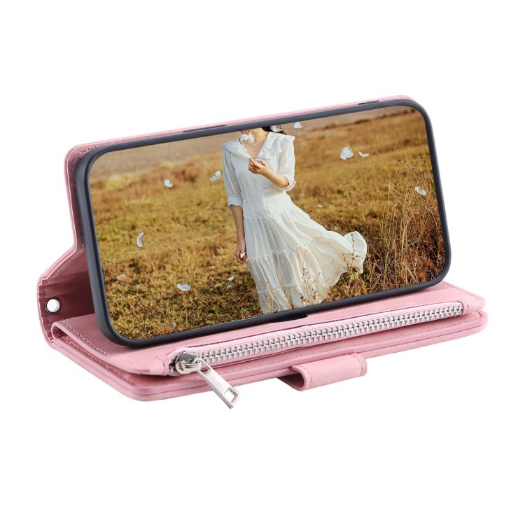 For iPhone 16e Grid Texture Zipper Leather Phone Case with Lanyard(Rose Gold) - iPhone 16e Cases by buy2fix | Online Shopping UK | buy2fix