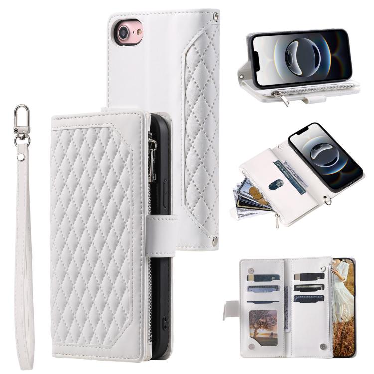For iPhone 16e Grid Texture Zipper Leather Phone Case with Lanyard(White) - iPhone 16e Cases by buy2fix | Online Shopping UK | buy2fix