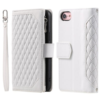 For iPhone 16e Grid Texture Zipper Leather Phone Case with Lanyard(White) - iPhone 16e Cases by buy2fix | Online Shopping UK | buy2fix