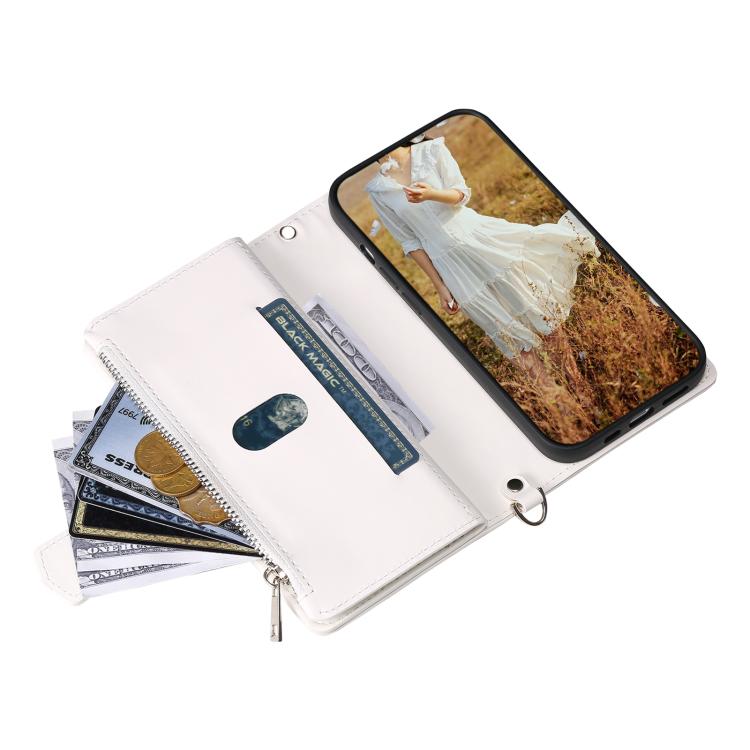 For iPhone 16e Grid Texture Zipper Leather Phone Case with Lanyard(White) - iPhone 16e Cases by buy2fix | Online Shopping UK | buy2fix