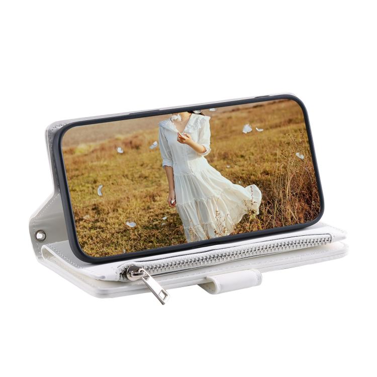 For iPhone 16e Grid Texture Zipper Leather Phone Case with Lanyard(White) - iPhone 16e Cases by buy2fix | Online Shopping UK | buy2fix