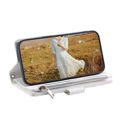 For iPhone 16e Grid Texture Zipper Leather Phone Case with Lanyard(White) - iPhone 16e Cases by buy2fix | Online Shopping UK | buy2fix