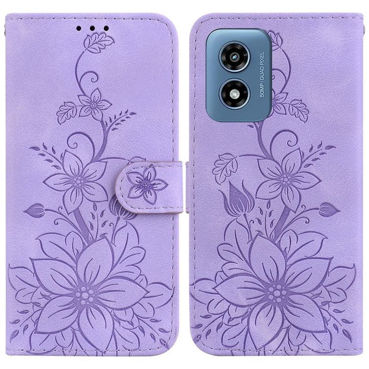 For Motorola Moto G Play 4G 2024 Lily Embossed Leather Phone Case(Purple) by buy2fix