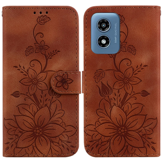 For Motorola Moto G Play 4G 2024 Lily Embossed Leather Phone Case(Brown) by buy2fix