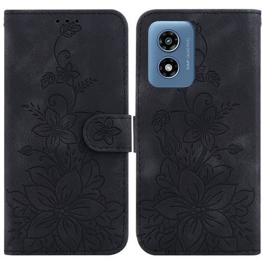 For Motorola Moto G Play 4G 2024 Lily Embossed Leather Phone Case(Black) by buy2fix