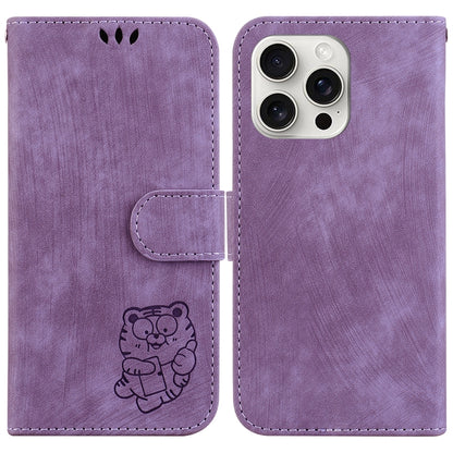 For iPhone 16 Pro Max Little Tiger Embossed Leather Phone Case(Purple) by buy2fix