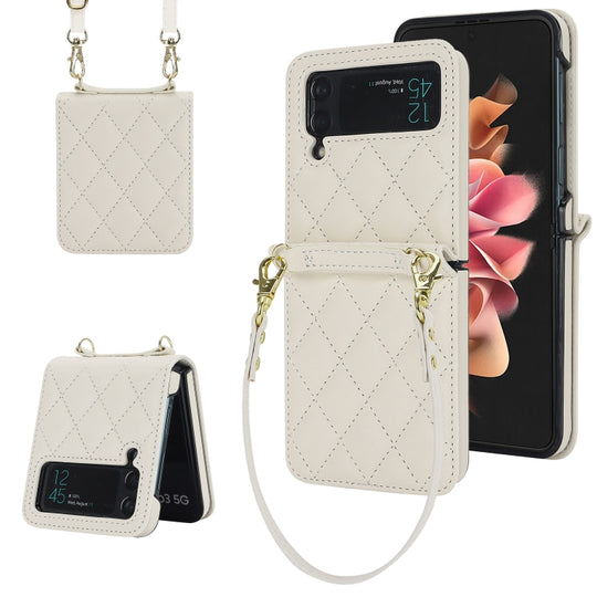 For Samsung Galaxy Z Flip4 Rhombic Texture Phone Case with Long & Short Lanyard(White)