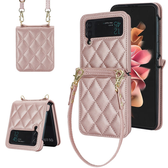 For Samsung Galaxy Z Flip4 Rhombic Texture Phone Case with Long & Short Lanyard(Rose Gold)