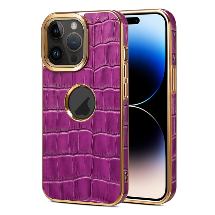 For iPhone 15 Pro Max Denior Crocodile Texture Genuine Leather Electroplating Phone Case(Purple) by Denior