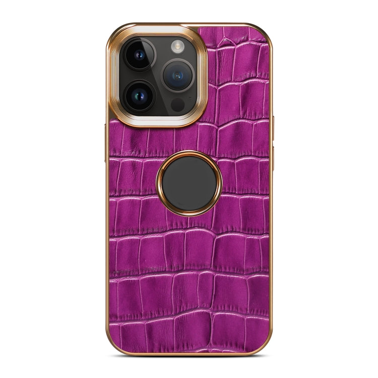 For iPhone 15 Pro Max Denior Crocodile Texture Genuine Leather Electroplating Phone Case(Purple) by Denior