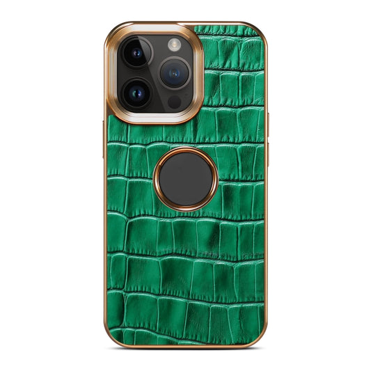 For iPhone 15 Pro Denior Crocodile Texture Genuine Leather Electroplating Phone Case(Green) - iPhone 15 Pro Cases by Denior | Online Shopping UK | buy2fix