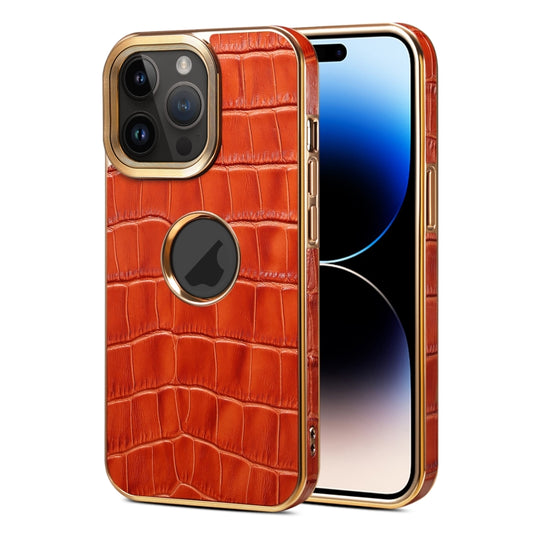 For iPhone 15 Pro Denior Crocodile Texture Genuine Leather Electroplating Phone Case(Mocha Brown) - iPhone 15 Pro Cases by Denior | Online Shopping UK | buy2fix