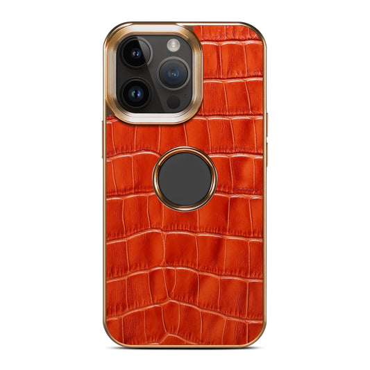 For iPhone 15 Pro Denior Crocodile Texture Genuine Leather Electroplating Phone Case(Mocha Brown) - iPhone 15 Pro Cases by Denior | Online Shopping UK | buy2fix