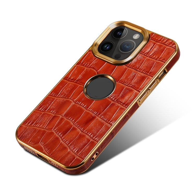 For iPhone 15 Pro Denior Crocodile Texture Genuine Leather Electroplating Phone Case(Mocha Brown) - iPhone 15 Pro Cases by Denior | Online Shopping UK | buy2fix