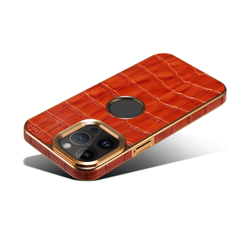 For iPhone 15 Pro Denior Crocodile Texture Genuine Leather Electroplating Phone Case(Mocha Brown) - iPhone 15 Pro Cases by Denior | Online Shopping UK | buy2fix