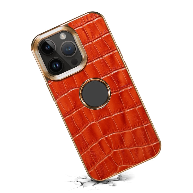 For iPhone 15 Pro Denior Crocodile Texture Genuine Leather Electroplating Phone Case(Mocha Brown) - iPhone 15 Pro Cases by Denior | Online Shopping UK | buy2fix