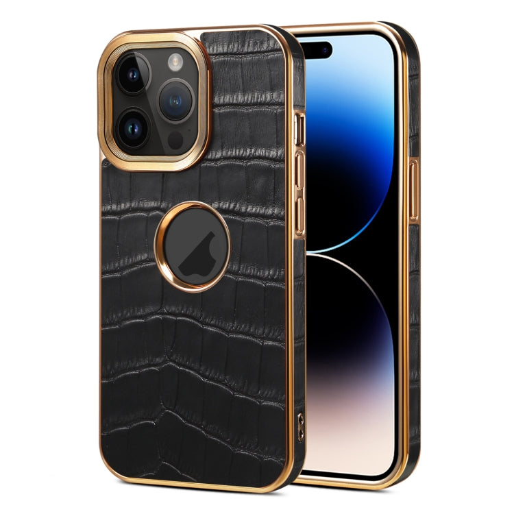 For iPhone 15 Pro Denior Crocodile Texture Genuine Leather Electroplating Phone Case(Black) - iPhone 15 Pro Cases by Denior | Online Shopping UK | buy2fix