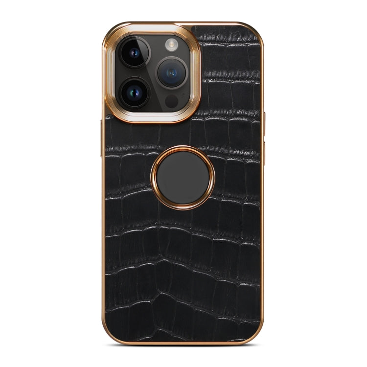 For iPhone 15 Pro Denior Crocodile Texture Genuine Leather Electroplating Phone Case(Black) - iPhone 15 Pro Cases by Denior | Online Shopping UK | buy2fix
