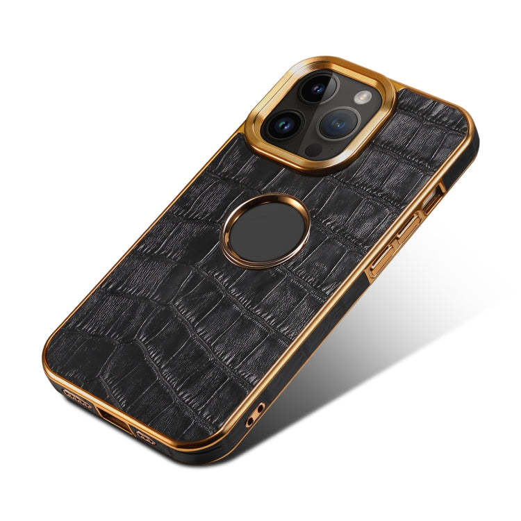 For iPhone 15 Pro Denior Crocodile Texture Genuine Leather Electroplating Phone Case(Black) - iPhone 15 Pro Cases by Denior | Online Shopping UK | buy2fix