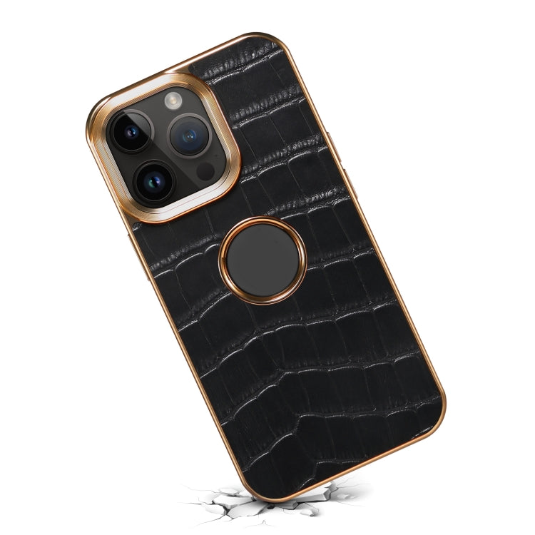 For iPhone 15 Pro Denior Crocodile Texture Genuine Leather Electroplating Phone Case(Black) - iPhone 15 Pro Cases by Denior | Online Shopping UK | buy2fix