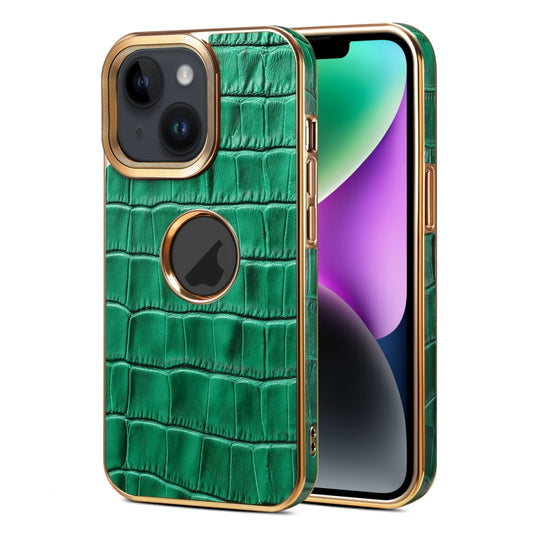 For iPhone 15 Denior Crocodile Texture Genuine Leather Electroplating Phone Case(Green) - iPhone 15 Cases by Denior | Online Shopping UK | buy2fix