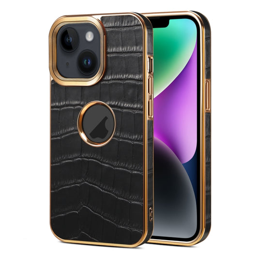 For iPhone 15 Denior Crocodile Texture Genuine Leather Electroplating Phone Case(Black) - iPhone 15 Cases by Denior | Online Shopping UK | buy2fix