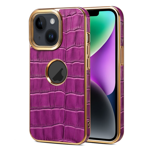 For iPhone 14 Denior Crocodile Texture Genuine Leather Electroplating Phone Case(Purple) - iPhone 14 Cases by Denior | Online Shopping UK | buy2fix
